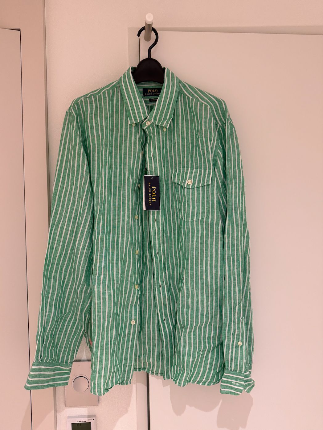 LAUREN RALPH LAUREN ストライプリネンシャツ グリーン L RALPH POLO LAUREN シャツ グリーン リネン ラルフ ストライプ ラルフ