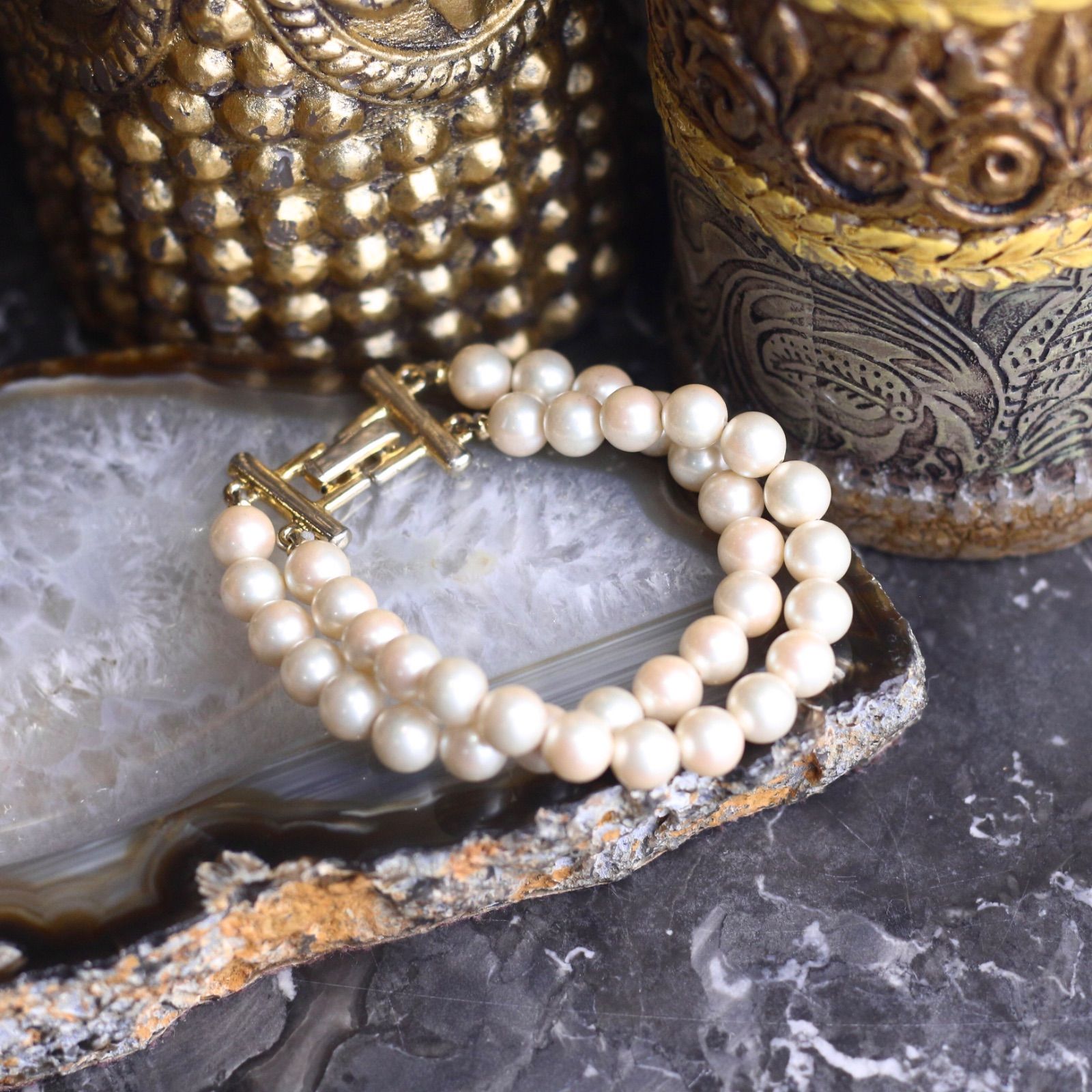 USA VINTAGE DOUBLE PEARL DESIGN BRACELET/アメリカ古着2連パールデザインブレスレット