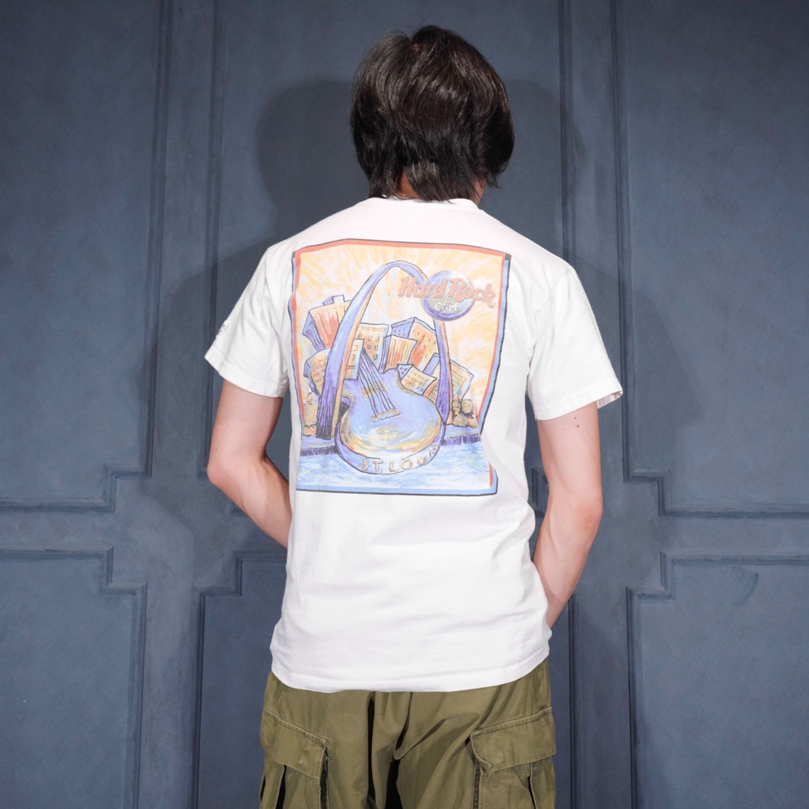 90's〜00’s USA VINTAGE Hard Rock CAFE HEAVY TEE GUITAR ART PRINT DESIGN T SHIRT/90年代〜00年代アメリカ古着ハードロックカフェギターアートプリントデザインTシャツ