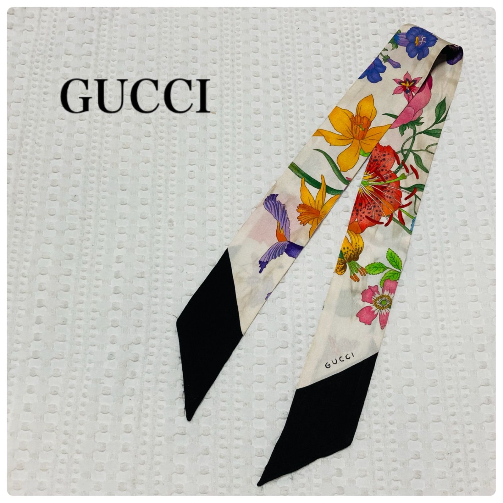 GUCCI グッチ フローラプリント ネックボウ ツイルスカーフ シルク