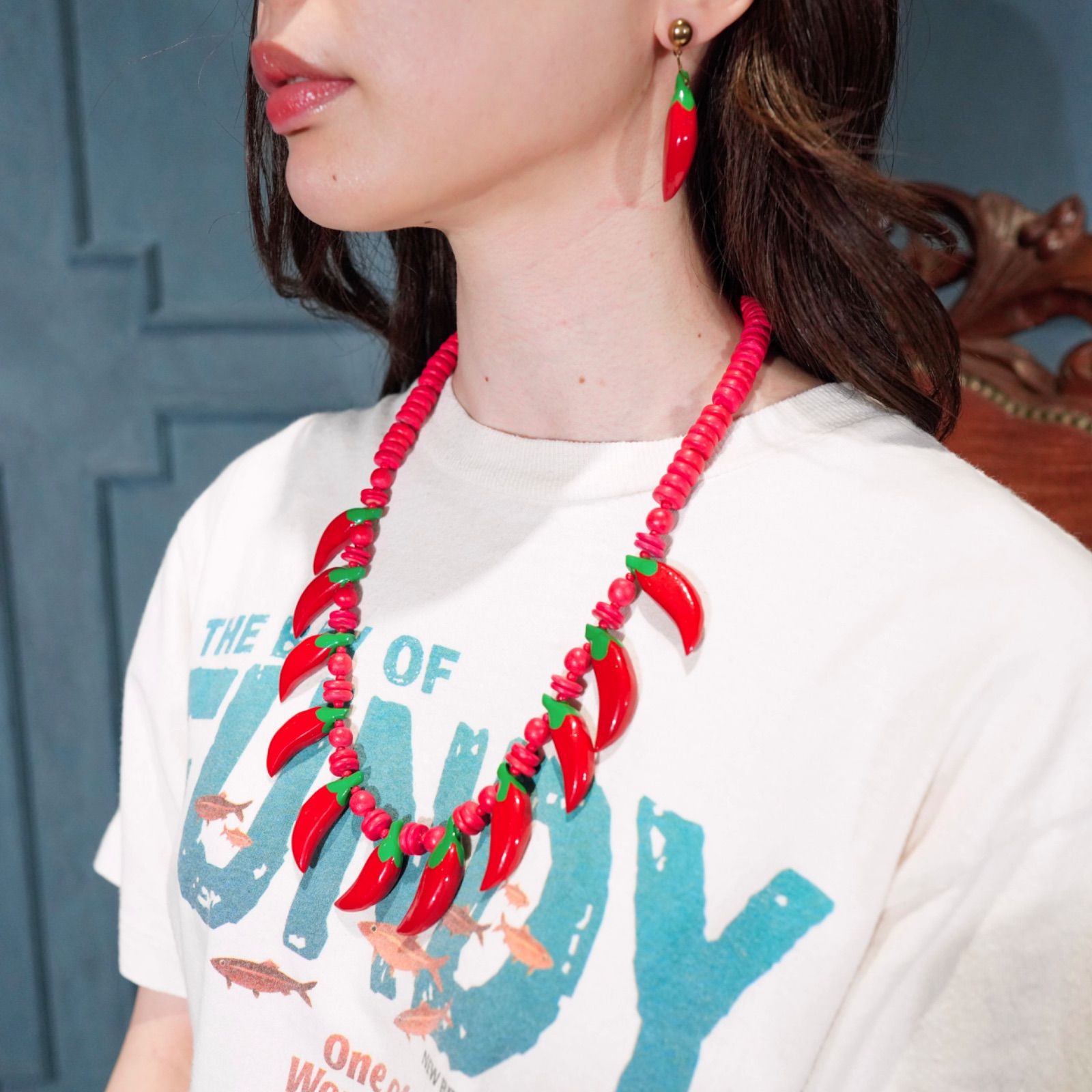 USA VINTAGE CHILI PEPPER DESIGN EARRING+NECKLACE SET/アメリカ古着唐辛子デザインピアス+ネックレスセット
