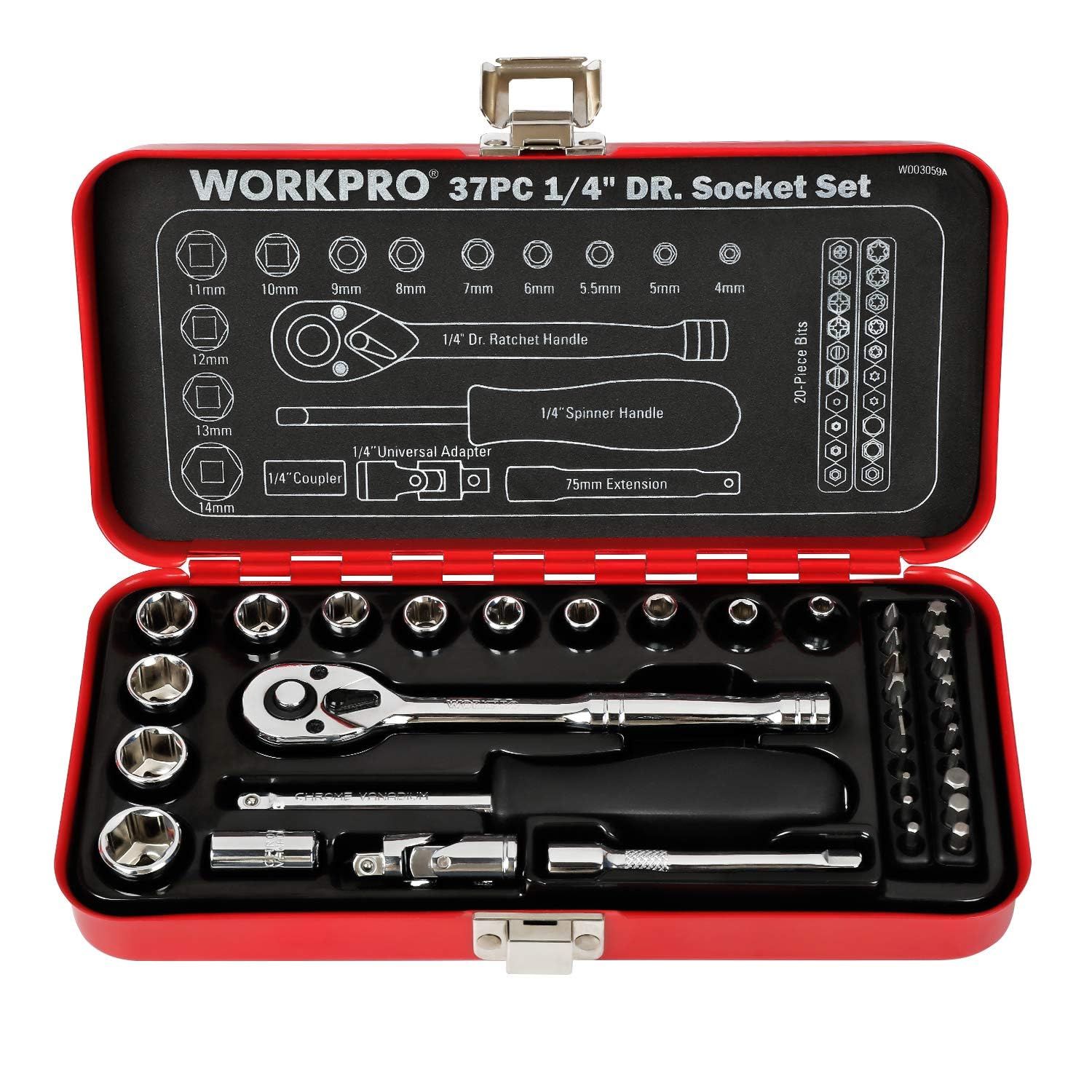 【新品】WORKPRO ソケットレンチセット ガレージツールセット ラチェットレンチ 差込角6.35mm(1/4インチ) クイックリリースラチェットハンドル 工具 道具 セット 37点組【鉄製ケース付属】 ff0c628f
