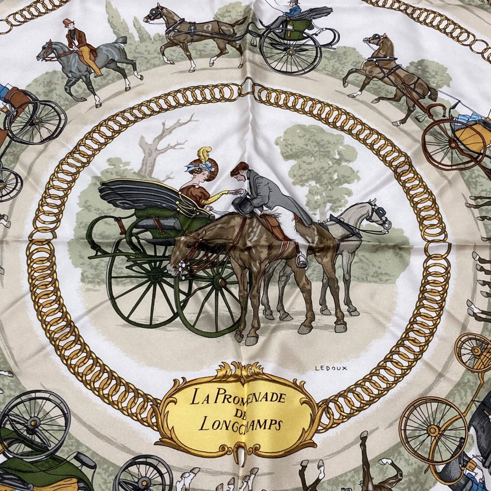 【極美品】エルメス カレ90 スカーフ ロンシャンへの散歩 馬車 ブルー系 □極美品□HERMES エルメス カレ90 La Promenade de Longchamps