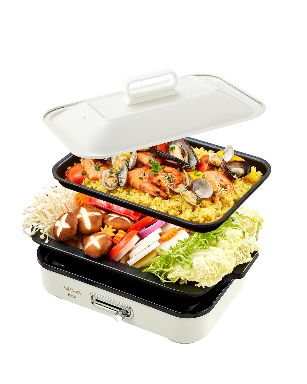 SOLEMOOD ホットプレート おしゃれ? たこ焼き 焼肉 パエリア アヒージョ お手入れ簡単 洗いやすい 温度調節機能 プレート種類組み合わせて選択可能 一人暮らし 2人 3人用にも (ホワイト, プレート2種(平面・鍋))e d3860fa3