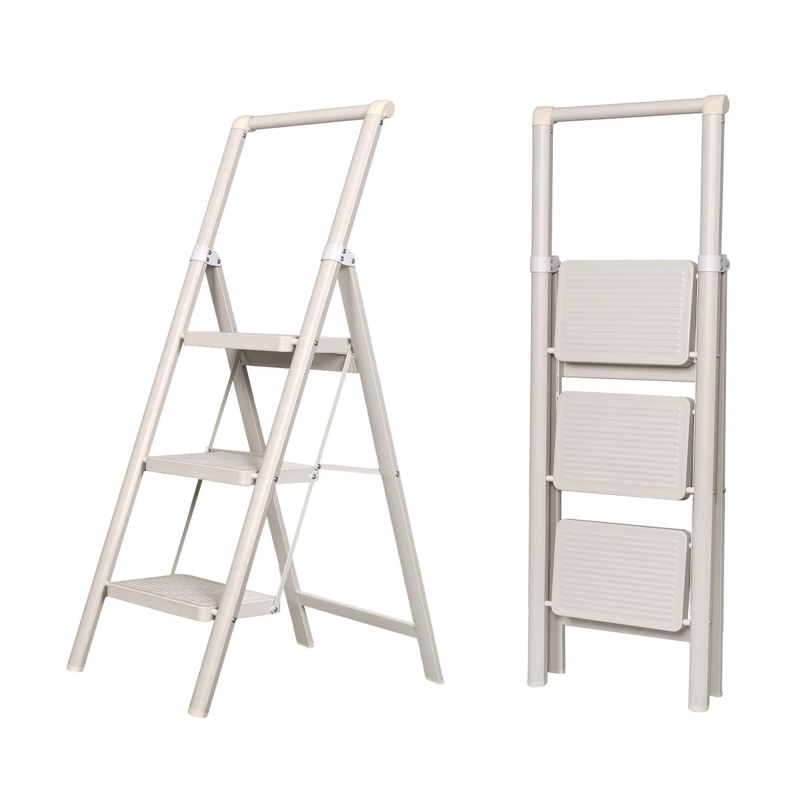 新品 FYY 脚立 2段/3段/4段 折りたたみ 耐荷重150KG カーボンスチール製 滑り止め付き ステップ台 花架・踏み台・はしご兼用 室内外対応 軽量 コンパクト 安定感 省スペース収納 持ち運び便利 収納便利 多機能 洗車 大掃除 （ホワイト 3段 手