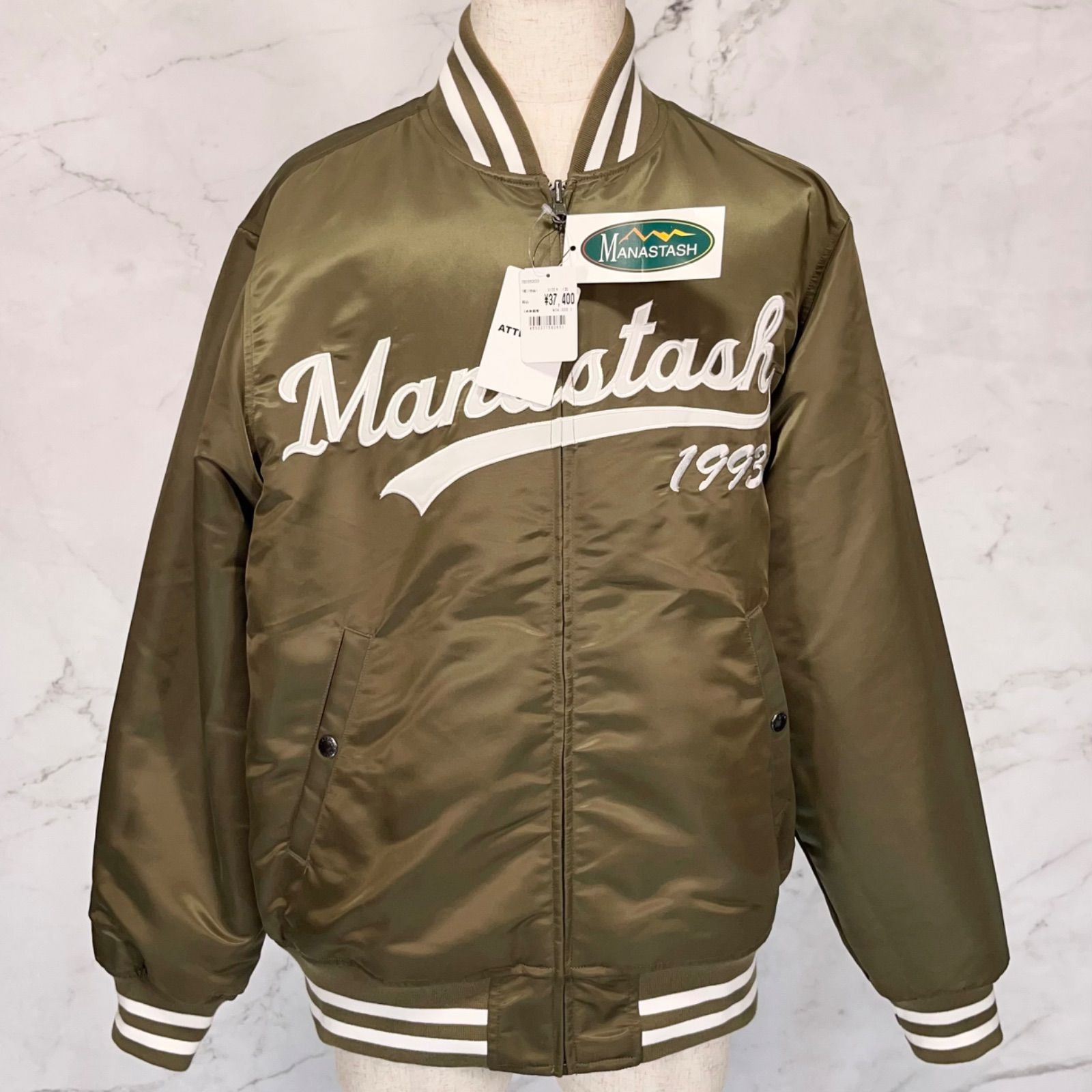 未使用品　MANASTASH マナスタッシュ　リバーシブル　ナイロン　バーシティ　ジャケット　REVERSIBLE NYLON VARSITY JACKET スタジャン　ビッグロゴ　カーキ　Mサイズ 792-3252033