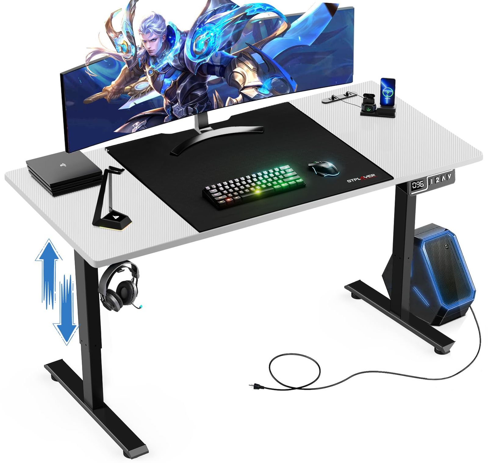 GTPLAYER ゲーミングデスク パソコンデスク pcデスク 電動 昇降式デスク 静音 速い 安定昇降 デスクマット付き フック付き ケーブルマネージャー付き コンセント付き 耐荷重80kg 幅120cm×奥行60cm×高さ72-117cm(2cm天板をｍａ
