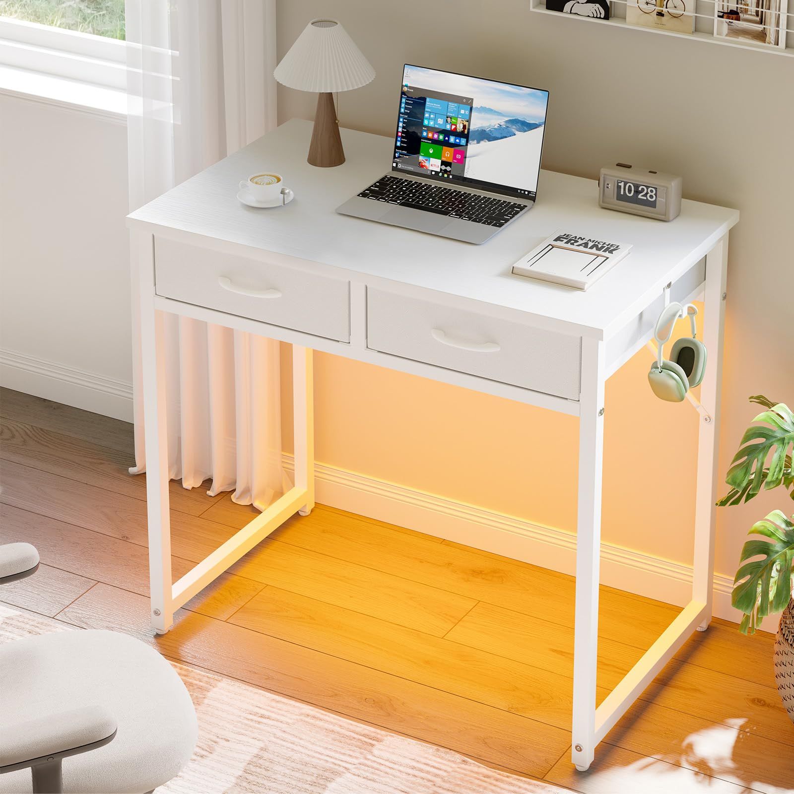 Pinmoco デスク 机 pcデスク 幅80cm パソコンデスク 引き出し/フック付き ゲーミングデスク LEDライト付き 勉強机 シンプルデスク ?子 小さい 省スペース 組立簡単 一人暮らし 白いｍａ
