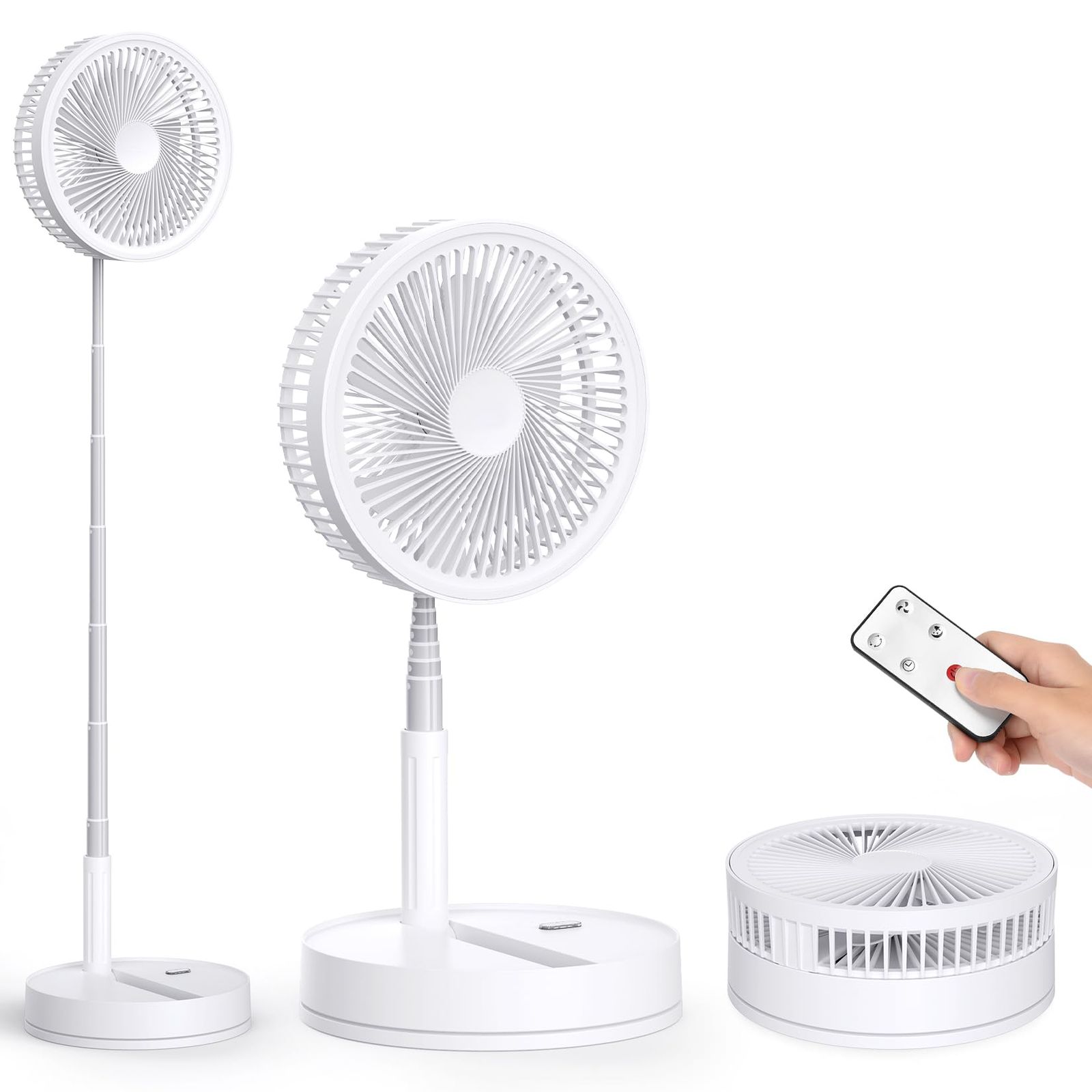 【迅速に発送】ポータブル 折りたたみ式 充電式 扇風機 ｜コードレス 8000mAh大容量バッテリー USB-C充電 リモコン付き｜8.6インチ白 左右首振り・静音・高さ自由調節コンパクト 伸縮式 扇風機 ｜風量4段階調節 卓上・床置き対応 寝室・オフィス・キ