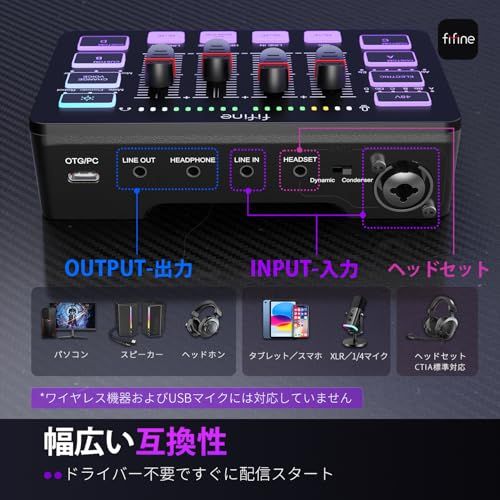 FIFINE ゲーミングオーディオミキサー オーディオインターフェース PC/PS4/PS5対応 ゲーム用オーディオミキサー ポッドキャスト ミキサー RGB機能付き ボイスチェンジャーボタン カスタム効果音 配信 実況 XLR接続 FIFI 1d9a0b5f｜詳細画像