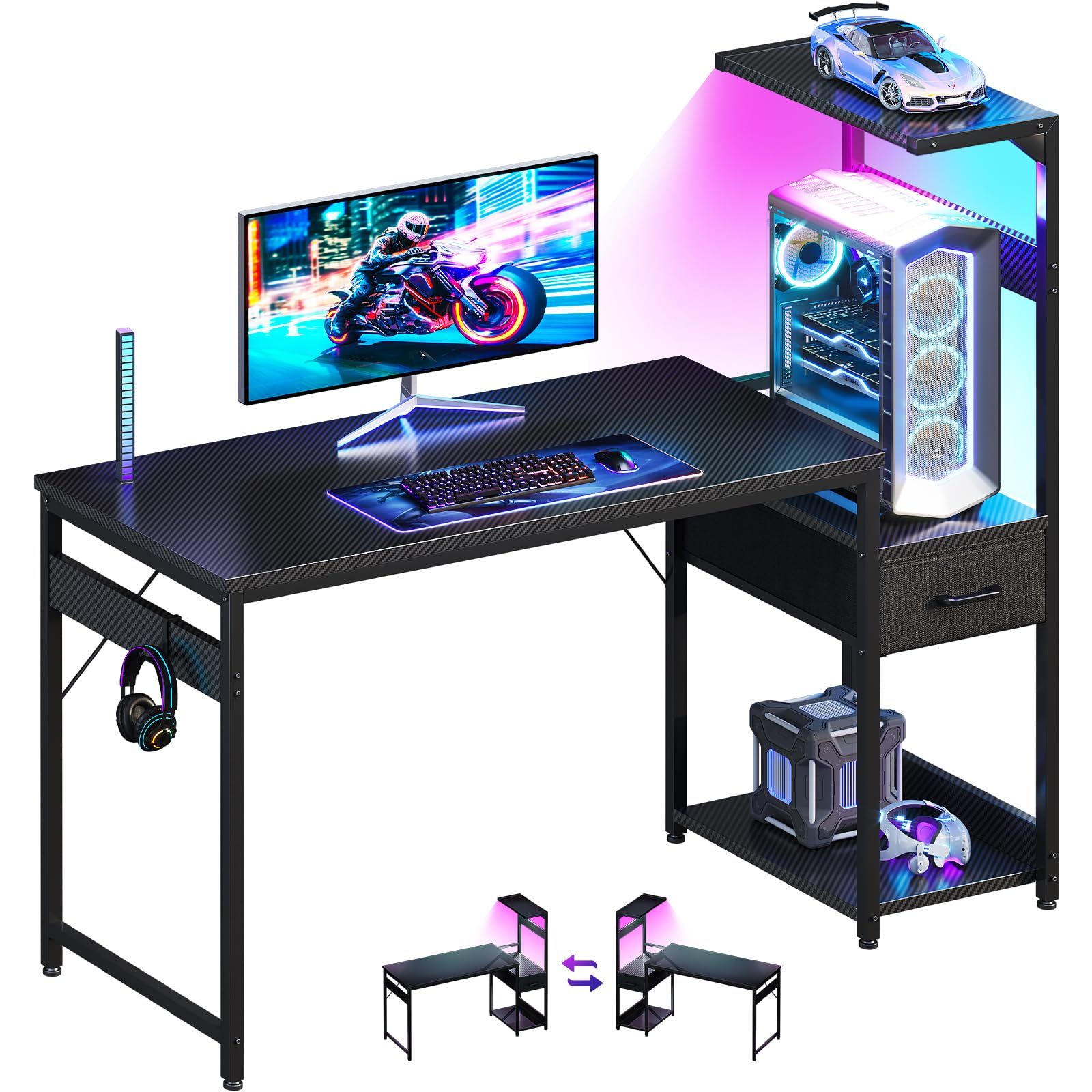 AODK ゲーミングデスク パソコンデスク LED付き 幅120cm 机 pcデスク gaming desk 引き出し&棚付き ゲーミングテーブル ゲームデスク フック付き 左右入れ替え対応 カーボン調ブラックｍａ