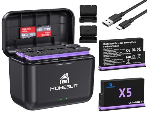 Homesuit Insta360 X5 バッテリー&充電器セット 2800mAh×2個インスタ360 X5 バッテリー 2個バッテリ同時充電可能 USB-C充電ポート 収納式急速充電器 Insta360 X5 カメラに対応e 02eea25d