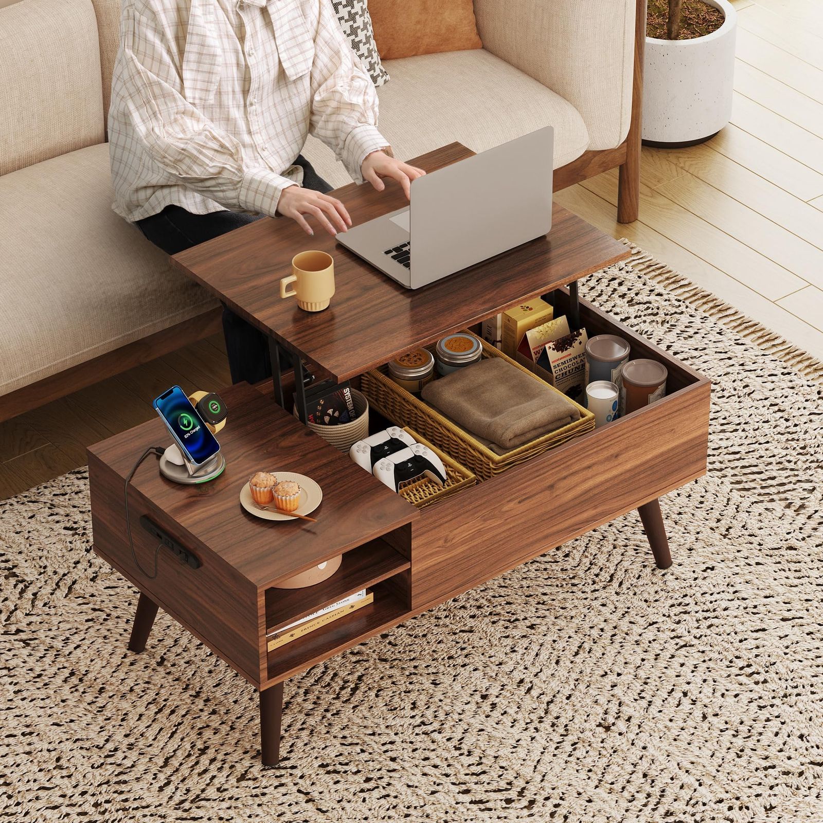 ★新品★WLIVE コーヒーテーブル 昇降式 リビングテーブル ローテーブル リフティング センターテーブル コンセント付き 収納 天板昇降 高さ調整 大容量 簡単開閉 ガス圧式 収納棚付き 木製 シンプル モーデン ブラウン ACJ604 82adacd7
