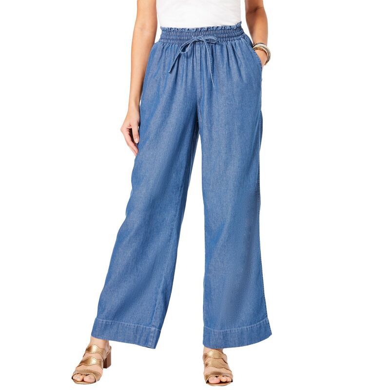 ロアマンズ レディース ボトムス カジュアルパンツ ワイドレッグ プラスサイズ Roamans Womens Plusize Pull On Wide Leg Chambray Pant Light