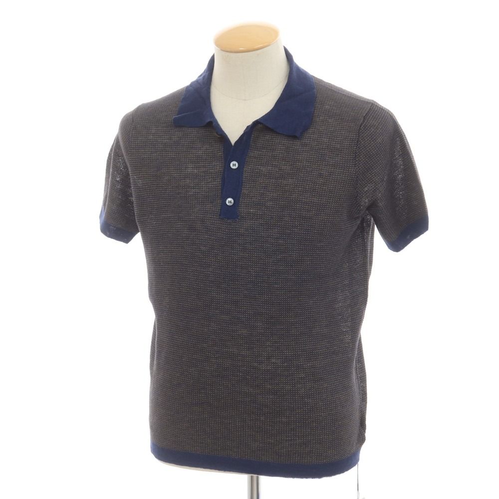 【新品】ザノーネ ZANONE リネン 半袖 ポロニット オリーブxネイビー【サイズ44】【メンズ】