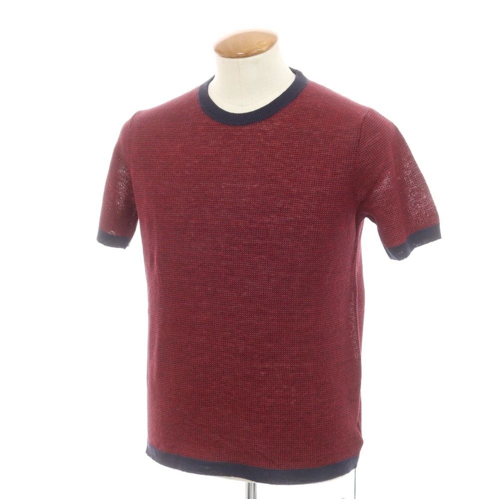 【新品】ザノーネ ZANONE リネン クルーネック 半袖 プルオーバーニット レッドxネイビー【サイズ46】【メンズ】