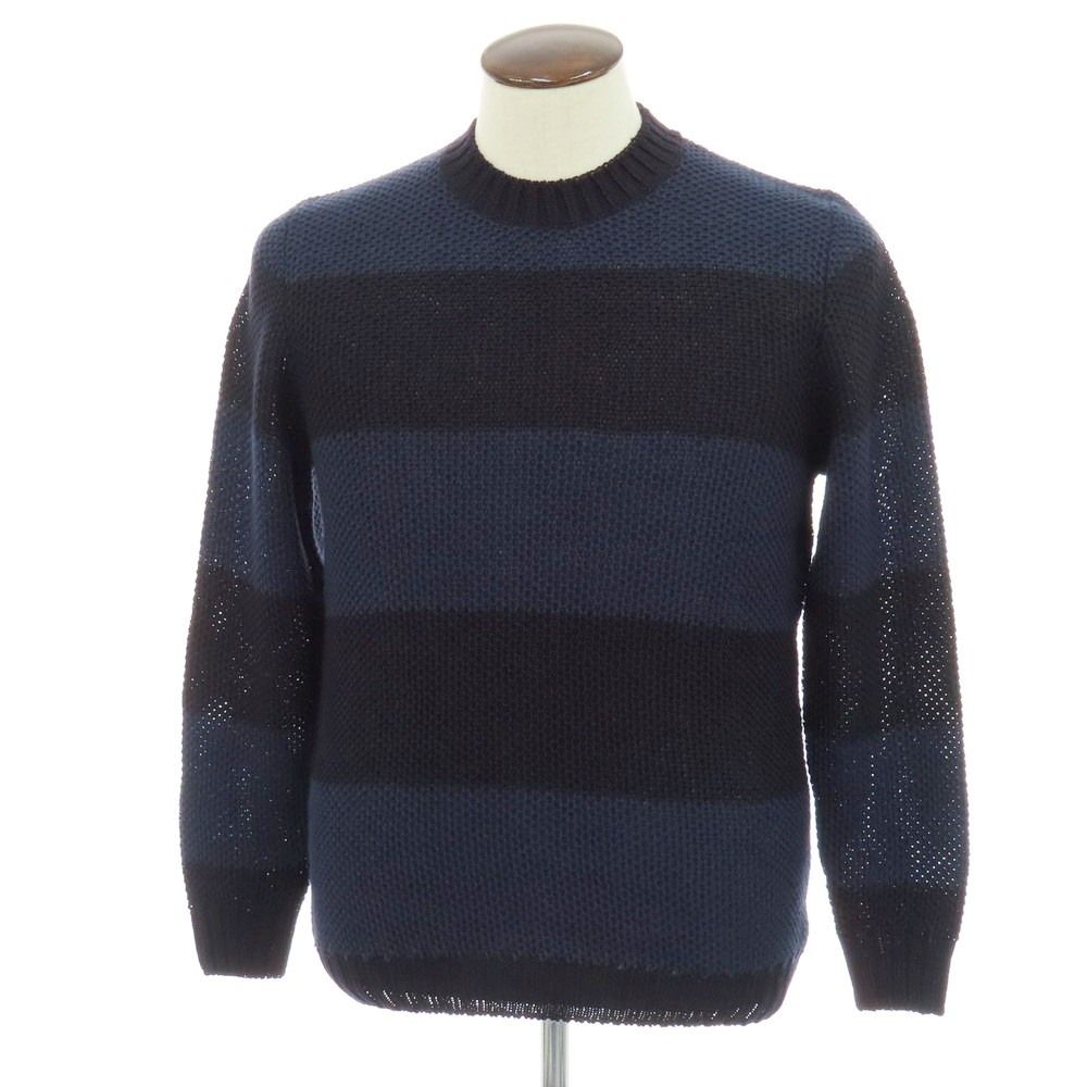 【新品】セッテフィーリ カシミア Settefili Cashmere リネンコットン ボーダー クルーネック プルオーバーニット ネイビー系【サイズ50/M】【メンズ】
