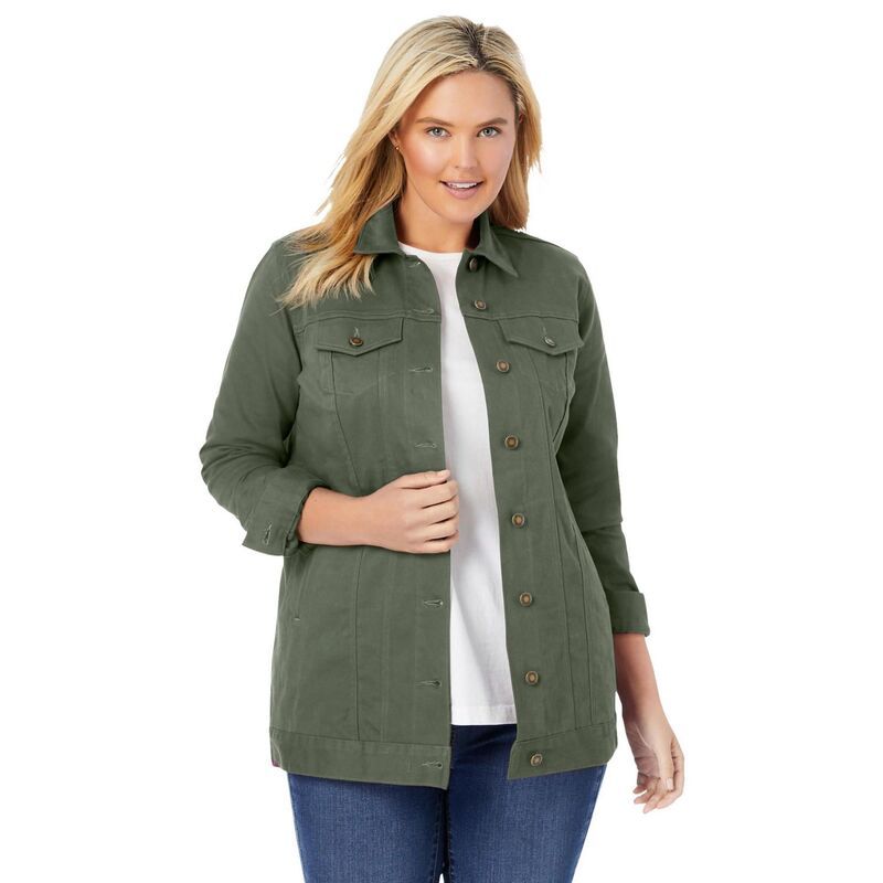 ウーマン ウィズイン レディース アウター ジャケット・ブルゾン プラスサイズ デニム Woman Within Plusize Long Stretch Denim Jean Jacket Oliv