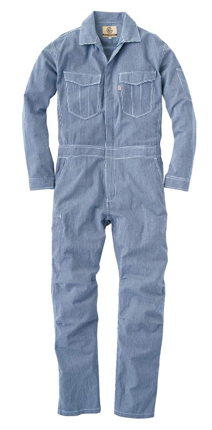 新品 GRACE ENGINEERS 綿麻ストライプ長袖ツナギ LADIES 春夏用 ヒッコリー GE587 19 7号