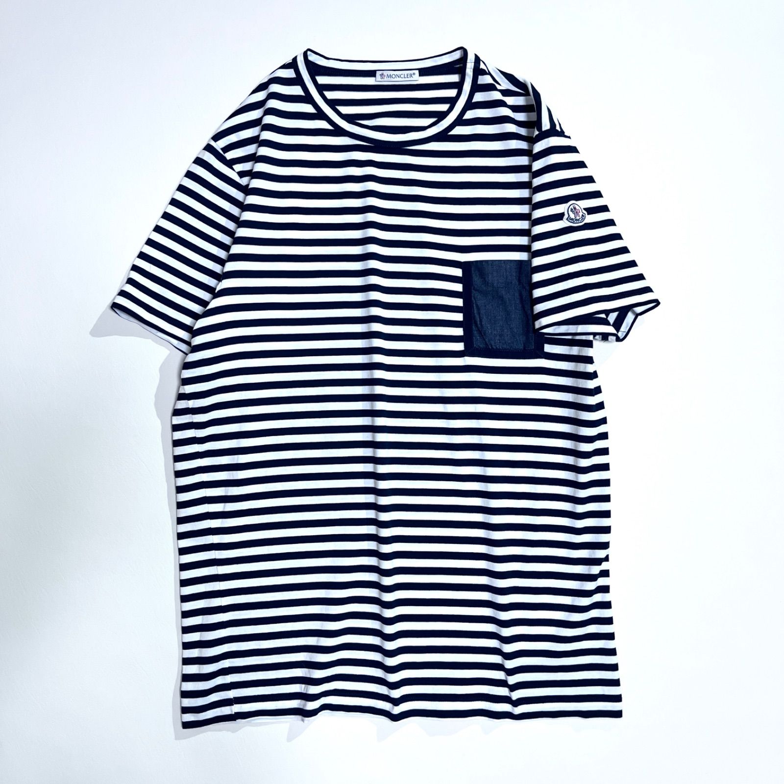 kT92 MONCLER ロゴ 袖 刺繍 マーク ボーダー Tシャツ カットソー クルーネック デニムポケット 半袖 ネイビー 紺 M モンクレール 10,650円