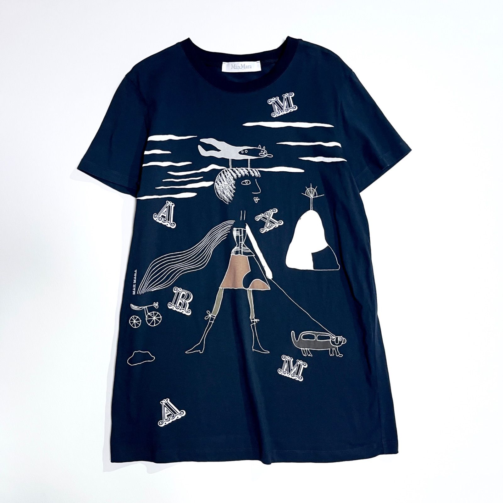 kT88 Max Mara 白タグ クルーネック Tシャツ ロゴ 文字 絵 プリント 半袖 チュニック丈 ブラック 黒 マックスマーラ