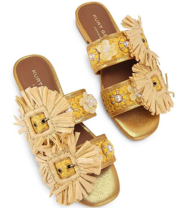 カートジェイガーロンドン レディース シューズ パンプス サンダル Kurt Geiger London Raffia Buckle Ornament Flat Slide Sandals Yello カートジェイガーロンドン レディース シューズ パンプス サンダル Kurt Geiger London Raffia Buckle Ornament Flat Slide Sandals Yello