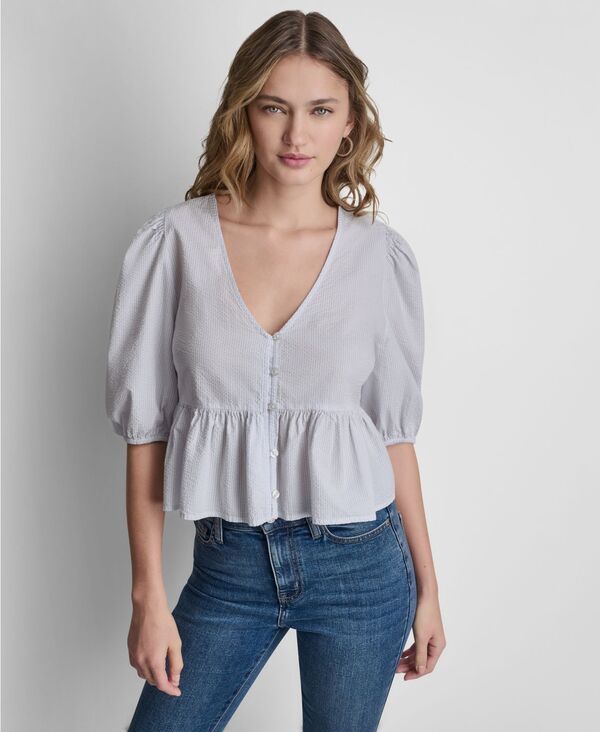 ダナキャランニューヨーク レディース トップス シャツ Vネック DKNY Jeans Womens VNeck ButtonFront Shirt Frost Blue ブルー