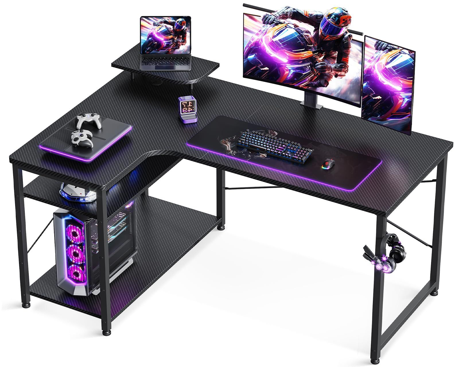 ODK パソコンデスク L字 ゲーミングデスク 幅110 L字デスク pcデスク desk 机 ラック付き 収納 オフィスデスク 在宅勤務 組立簡単 書斎 カーボンブラック 左棚Ju