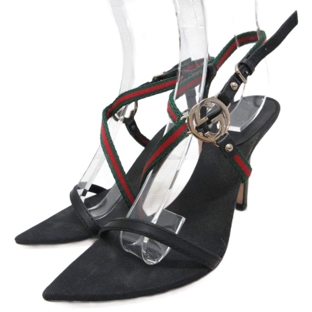 グッチ GUCCI シェリーライン GGロゴ ストラップ サンダル ミュール ポインテッドトゥ ハイヒール ピンヒール 35C 黒 ブラック ■IBO100