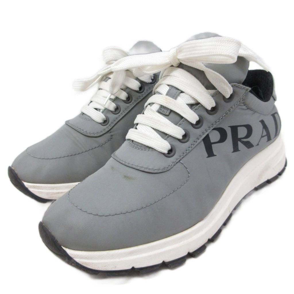 プラダ PRADA ロゴ スニーカー ローカット シューズ ナイロン 37 23.5cm グレー 白 ホワイト ■IBO100