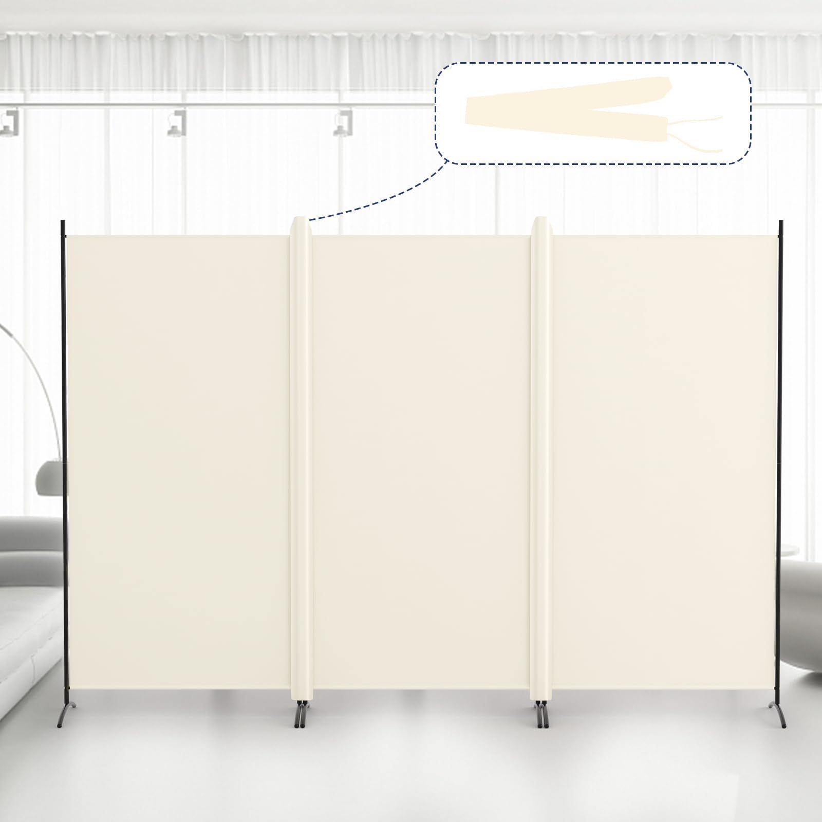 Kokorona パーテーション 間仕切り 3連 カバーストリップ付き 高さ180cm 幅260cm 衝立パーテーション スクリーン 折りたたみ 布タイプ 屏風 目隠し 区切り 衝立 軽量 オフィス 事務所 ベージュJu
