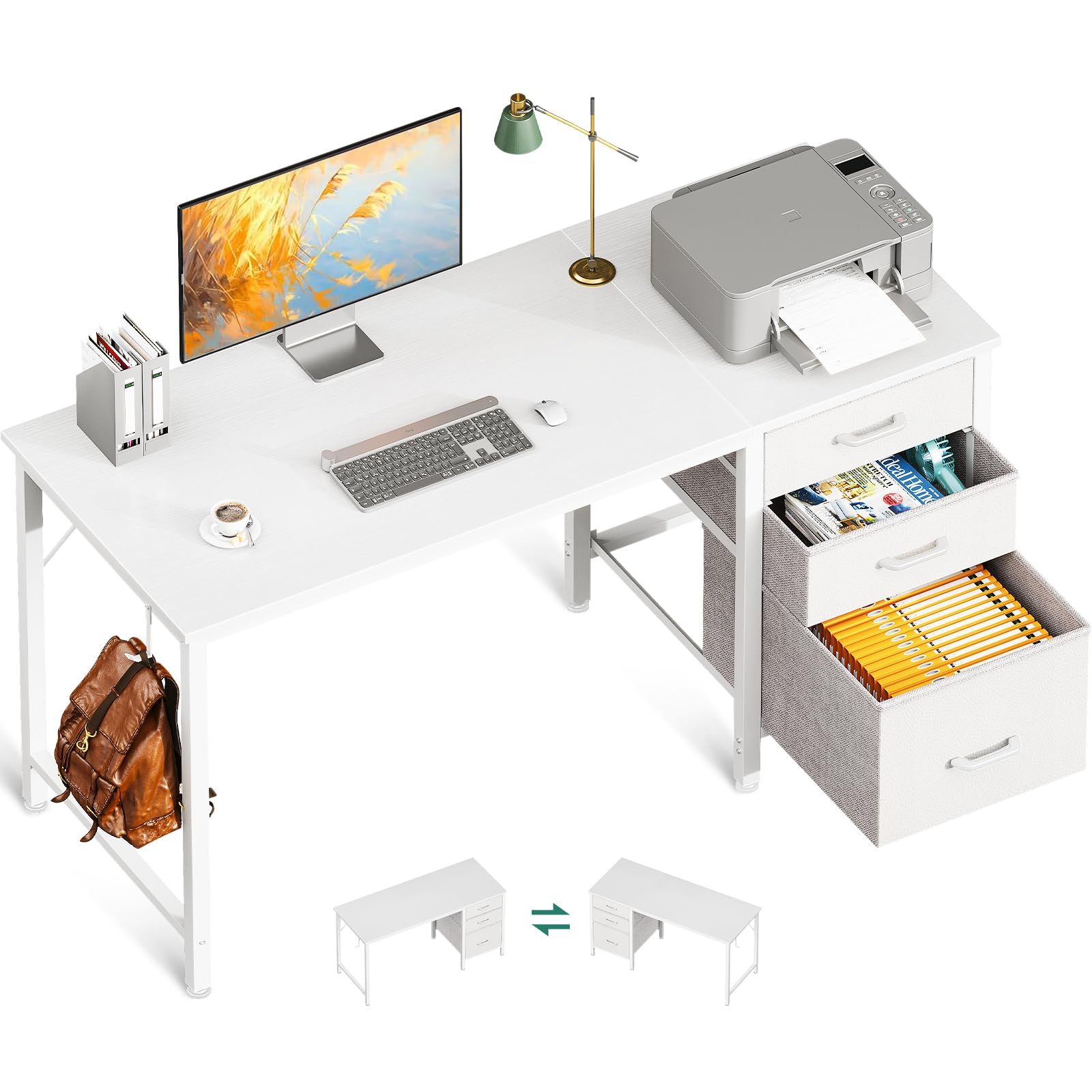AODK デスク 机 pcデスク 引き出し3杯付き 幅120cm ゲーミングデスク パソコンデスク computer desk 左右入れ替え対応 ゲーム オフィス 省スペース 在宅ワーク 組立簡単 ホワイトJu