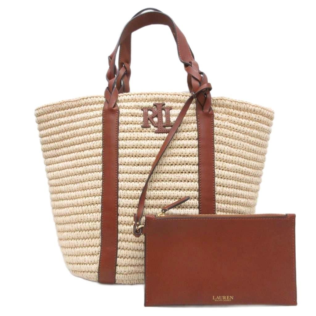 ローレンラルフローレン LAUREN RALPH LAUREN カゴバッグ ストローバッグ トートバッグ ポーチ付き レザー切替 レザーロゴ ベージュ 茶 ブラウン ■IBO100