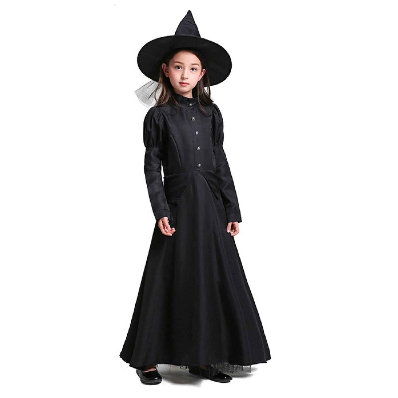 新品 [RONGUI] 魔女 コスプレ 子供 キッズ 女の子 黒 親子コーデ ドレス 長袖 帽子 ウィッチ ハロウィン 衣装 仮装 (L(135?145cm))