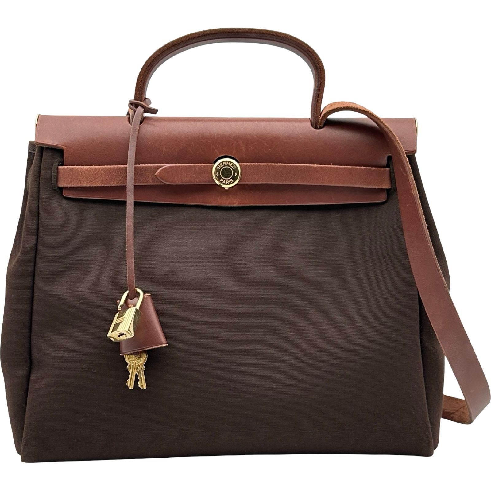 エルメス HERMES エールバッグPM □F刻印 ブラウン ゴールド金具 トワル ハンター レディース ハンドバッグ ショルダーバッグハンドバッグ