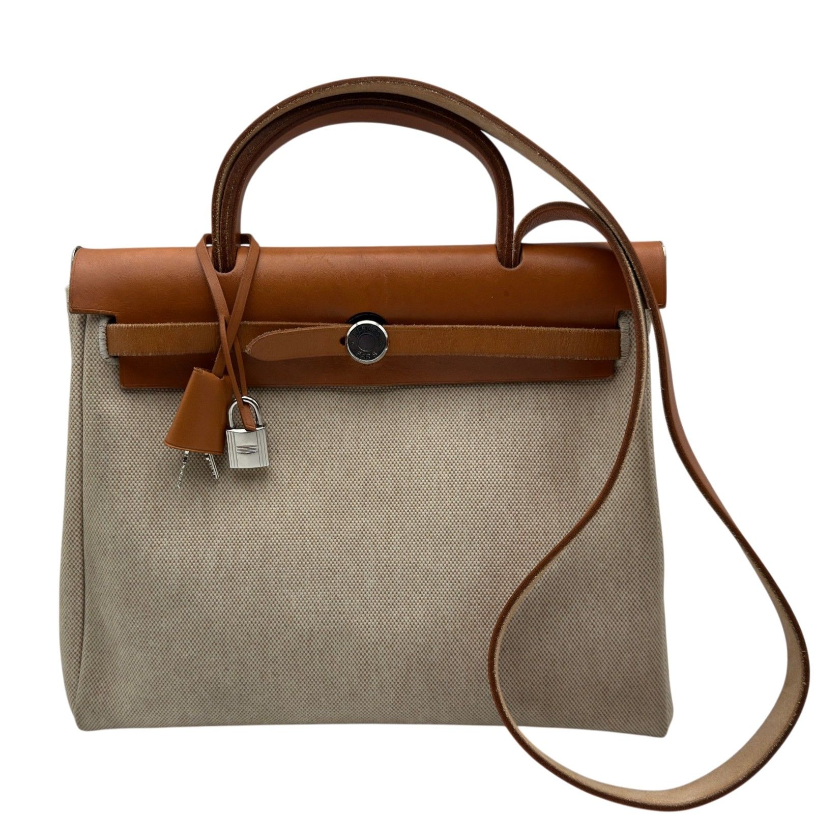 エルメス HERMES エールバッグMM □E刻 エクリュ/ゴールド シルバー金具 トワル/レザー レディース ショルダーバッグ