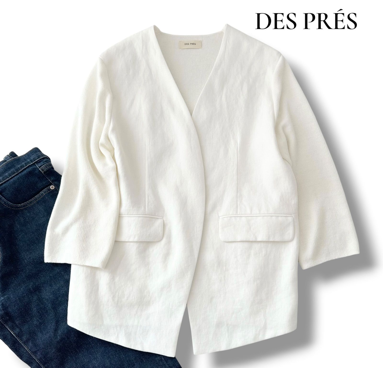 デプレ DES PRÉS ファブリックコンビ Vカラージャケット ホワイト 白