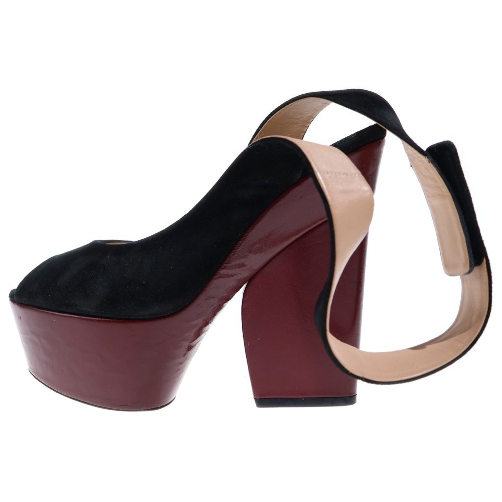 CELINE (セリーヌ) 2Tones Ankle Strap Peep Toes Sandals 2ストラップアンクルピープ ベルベット/レザー サンダル ハイヒール ブラック/レッド ‐