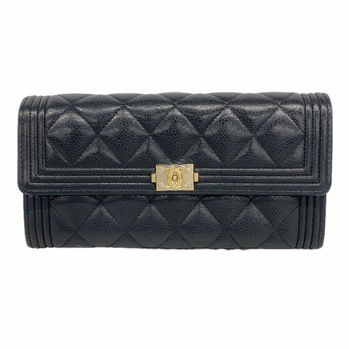【6fd5373】シャネル 長財布 ボーイシャネル キャビアスキン ブラック シャンパンゴールド金具【中古】レディース