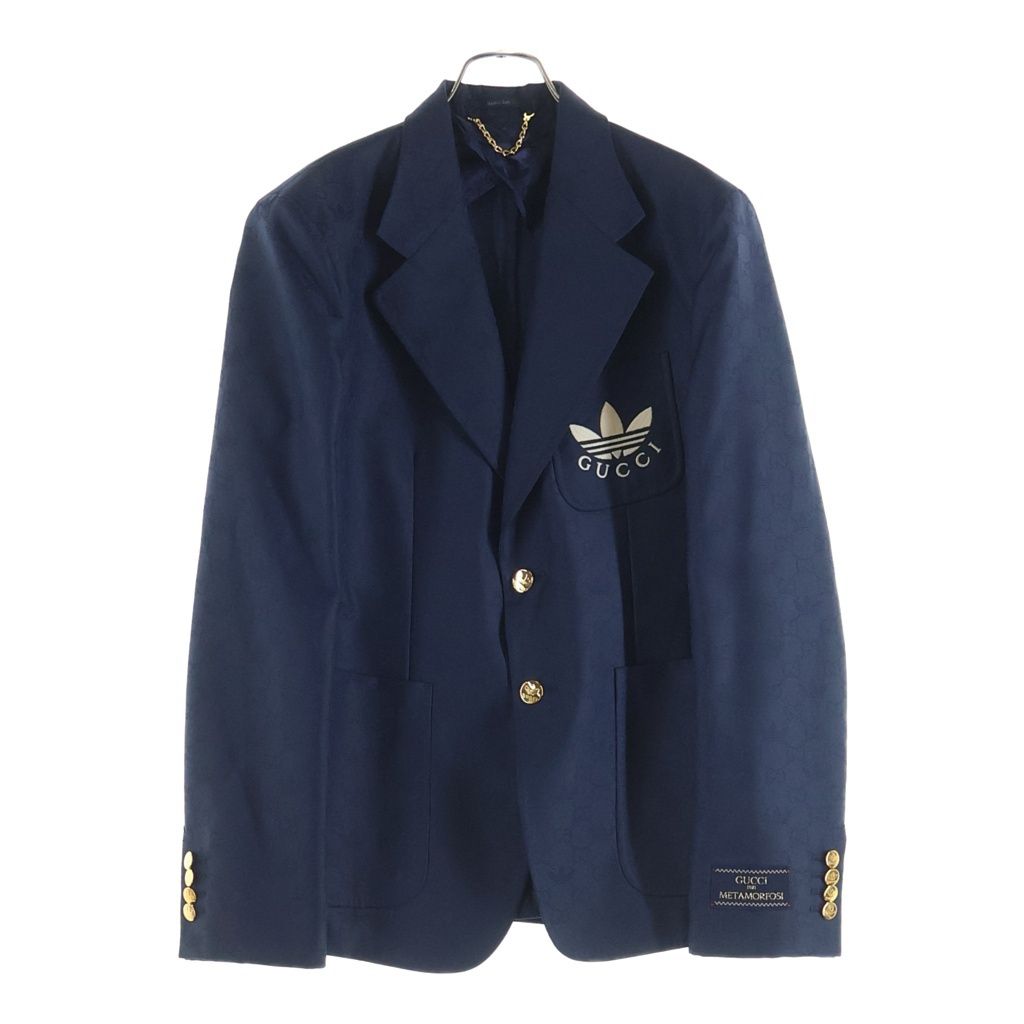 GUCCI (グッチ) ×ADIDAS トレフォイル ジャガード 胸ロゴ 3ストライプ 金ボタン 720968 テーラードジャケット ブルー