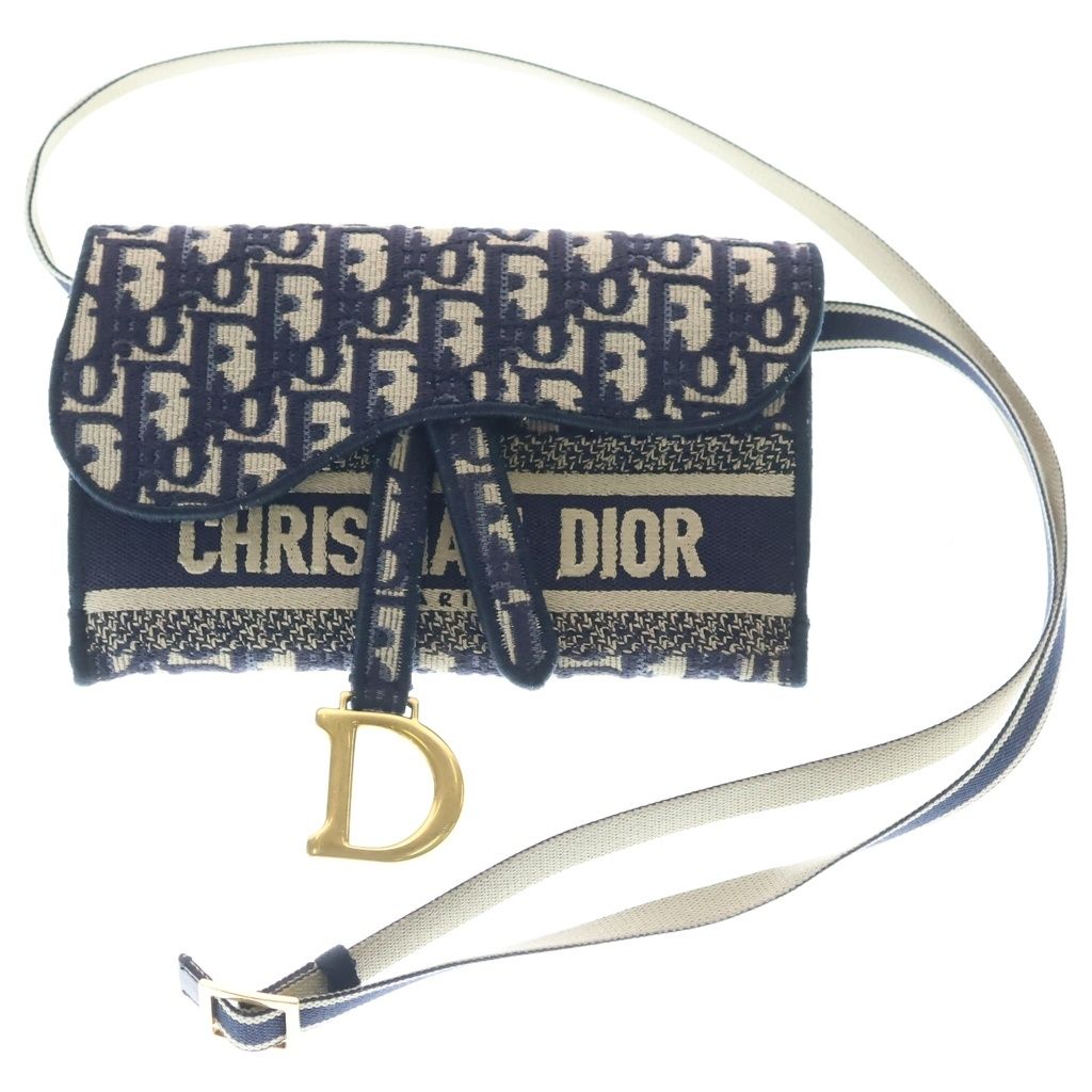 Christian Dior (クリスチャンディオール) オブリーク エンブロイダリー サドル ショルダーバッグ スリムポーチ キャンバス ネイビー S5647CRIW
