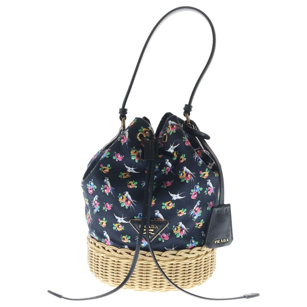 PRADA (プラダ) 2WAY かごバッグ ハンドバッグ ショルダーバッグ ブラック×ベージュ フラワープリント ウィッカー×キャンバス 1BE040 ゴールド金具