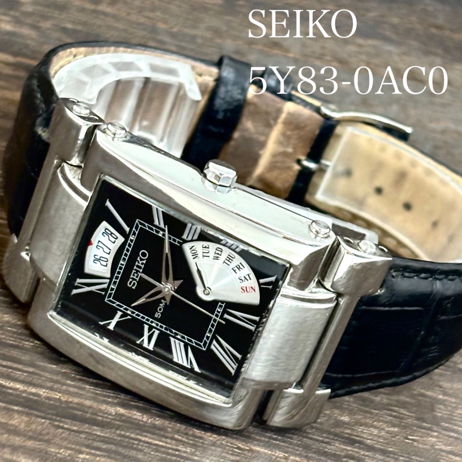 【稼働/純正ベルト】SEIKO/セイコー 腕時計 クォーツ レクタンギュラー ローマンインデックス レトログラード ハードレックスクリスタルガラス ブラック文字盤 2006年12月製造 neo vintage