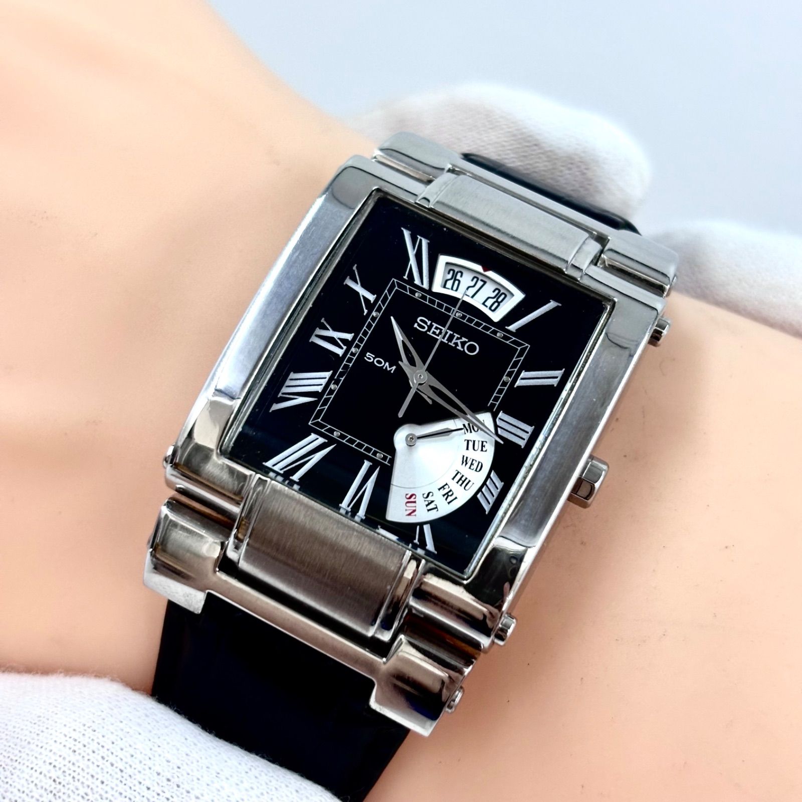 稼働/純正ベルト】SEIKO/セイコー 腕時計 クォーツ レクタンギュラー 
