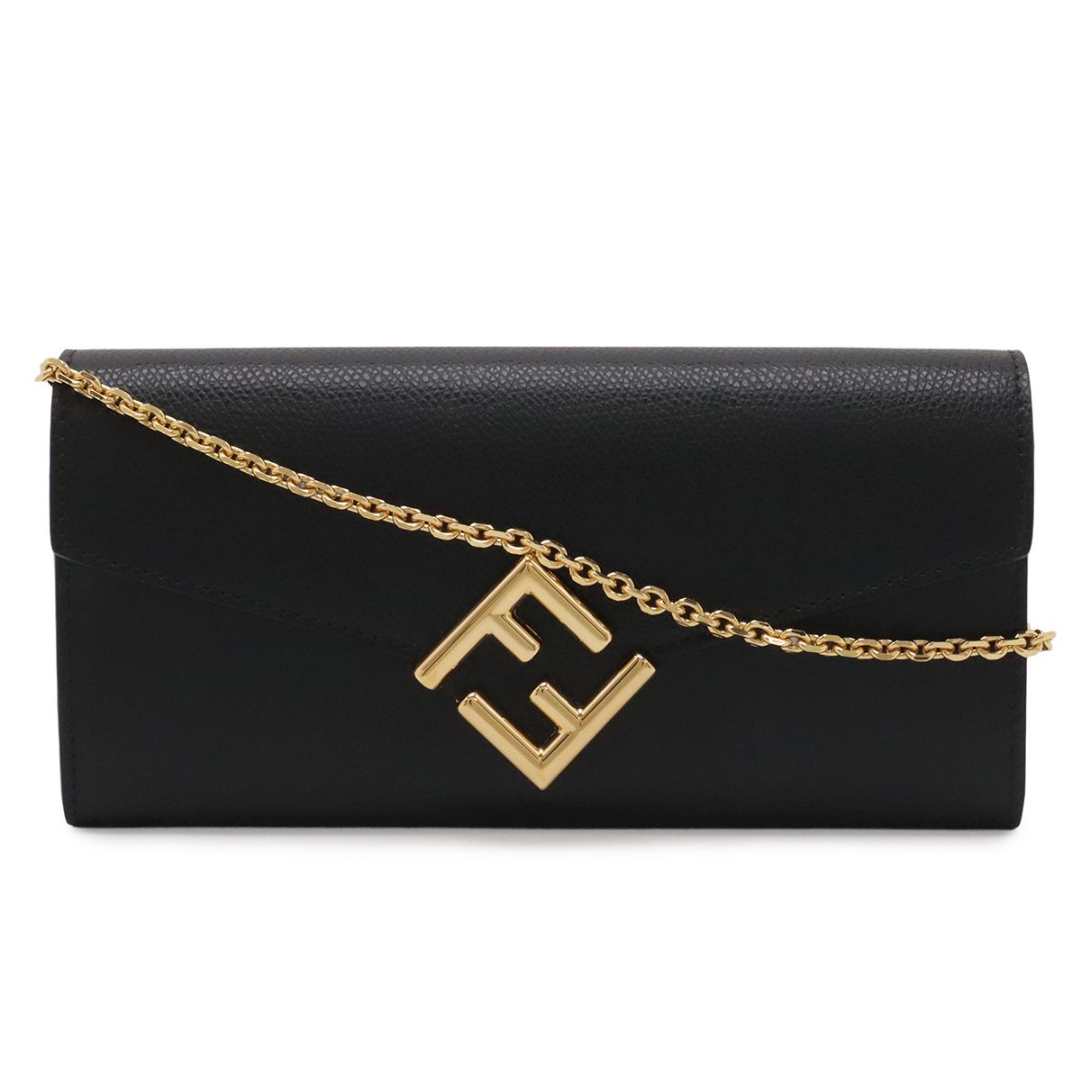 FENDI フェンディ FFダイヤモンド チェーンウォレット 長財布 クラッチバッグ 2WAY ポシェット レザー ブラック 黒 ゴールド金具 8M0365