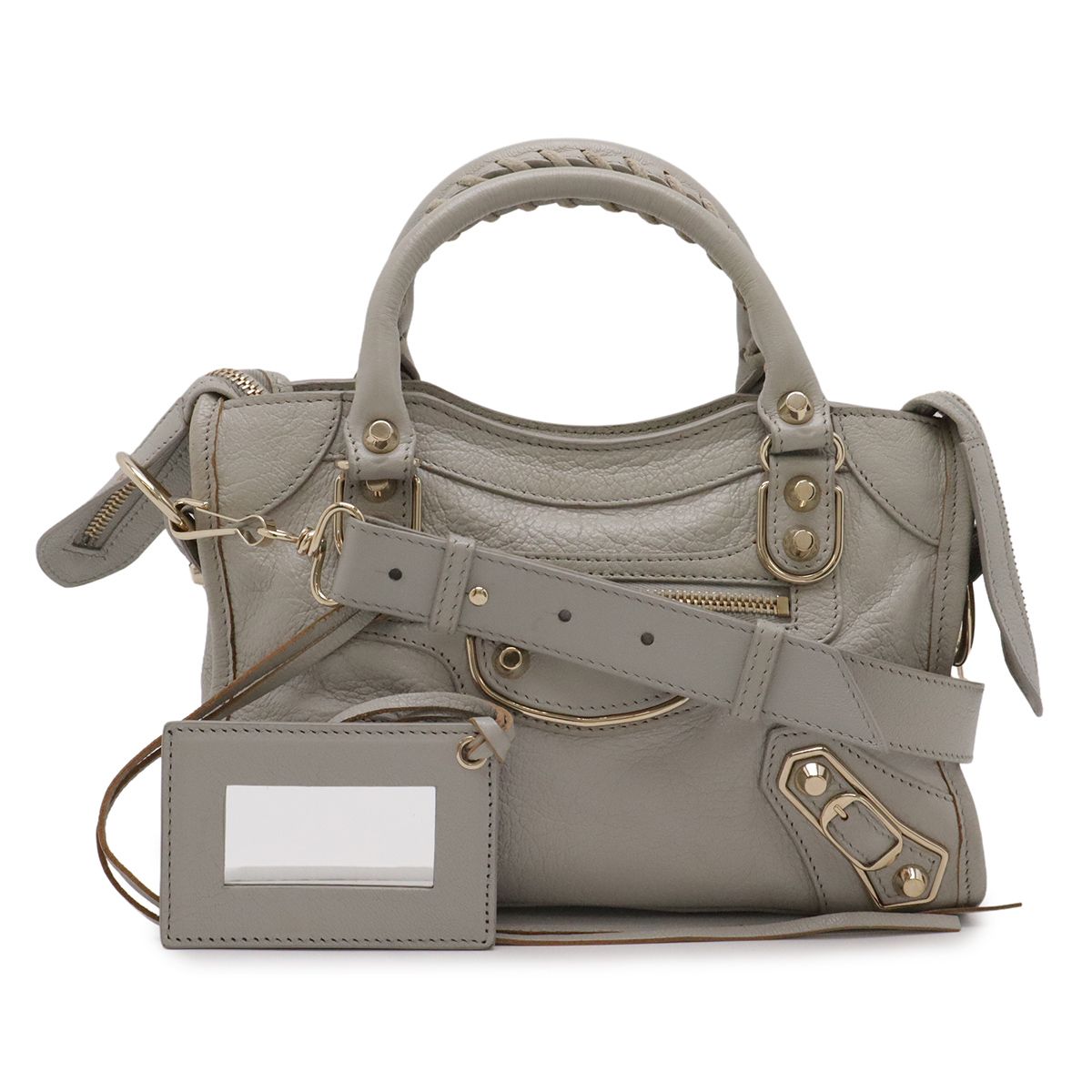 BALENCIAGA バレンシアガ クラシック ミニ シティ ハンドバッグ ミニバッグ 2WAY ショルダーバッグ レザー ライトグレー ミラー付き 300295