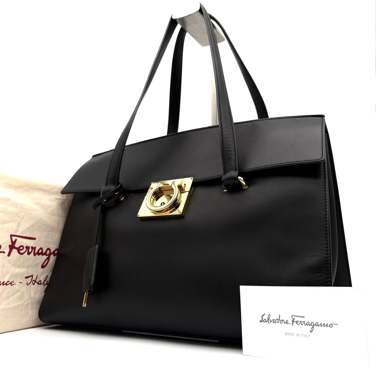 美品 フェラガモ Ferragamo ガンチーニ トートバッグ ハンドバッグ ビジネス フラップ 鍵付 レザー 本革 ブラック 黒 ゴールド金具 ボーナス 夏休み 帰省 お盆 敬老の日 サマーギフト シルバーウィーク ご褒美 レディース 女性