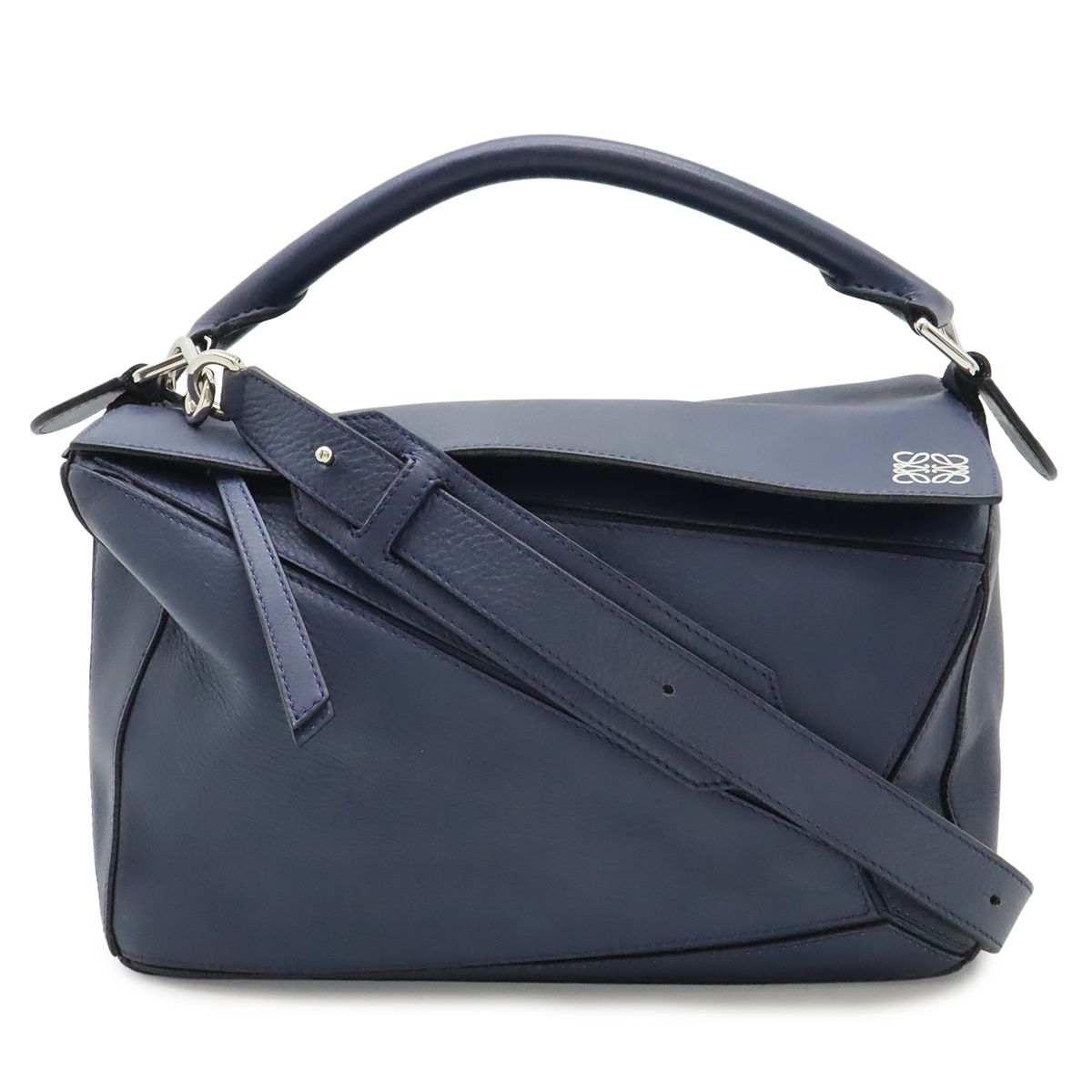 LOEWE ロエベ パズルバッグ ミディアム アナグラム ハンドバッグ 2WAY ショルダーバッグ 斜め掛け レザー ネイビー 紺 シルバー金具
