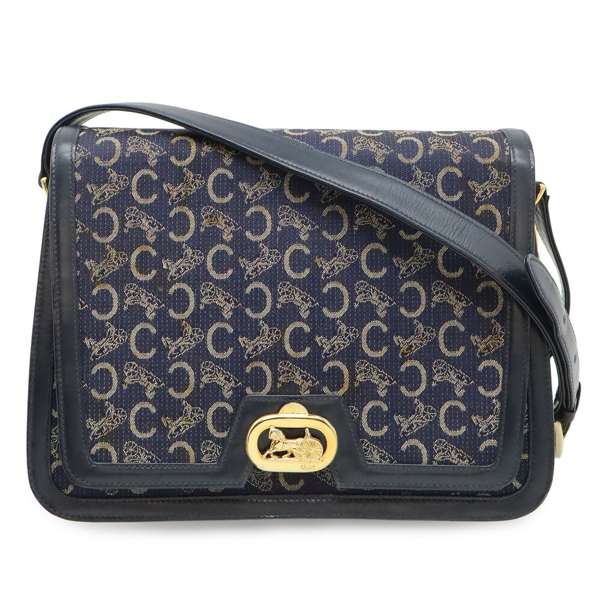 CELINE セリーヌ Cマカダム ホースキャリッジ ショルダーバッグ ワンショルダー 馬車金具 キャンバス レザー ネイビー 紺 ゴールド金具 27,860円