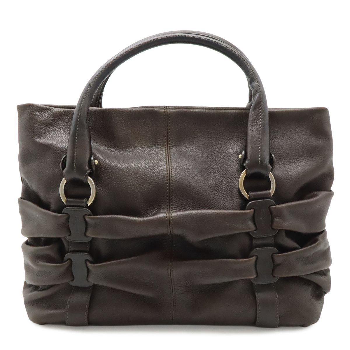Salvatore Ferragamo サルヴァトーレ フェラガモ ヴァラ ドレープ ハンドバッグ トートバッグ レザー ダークブラウン GG-21B174